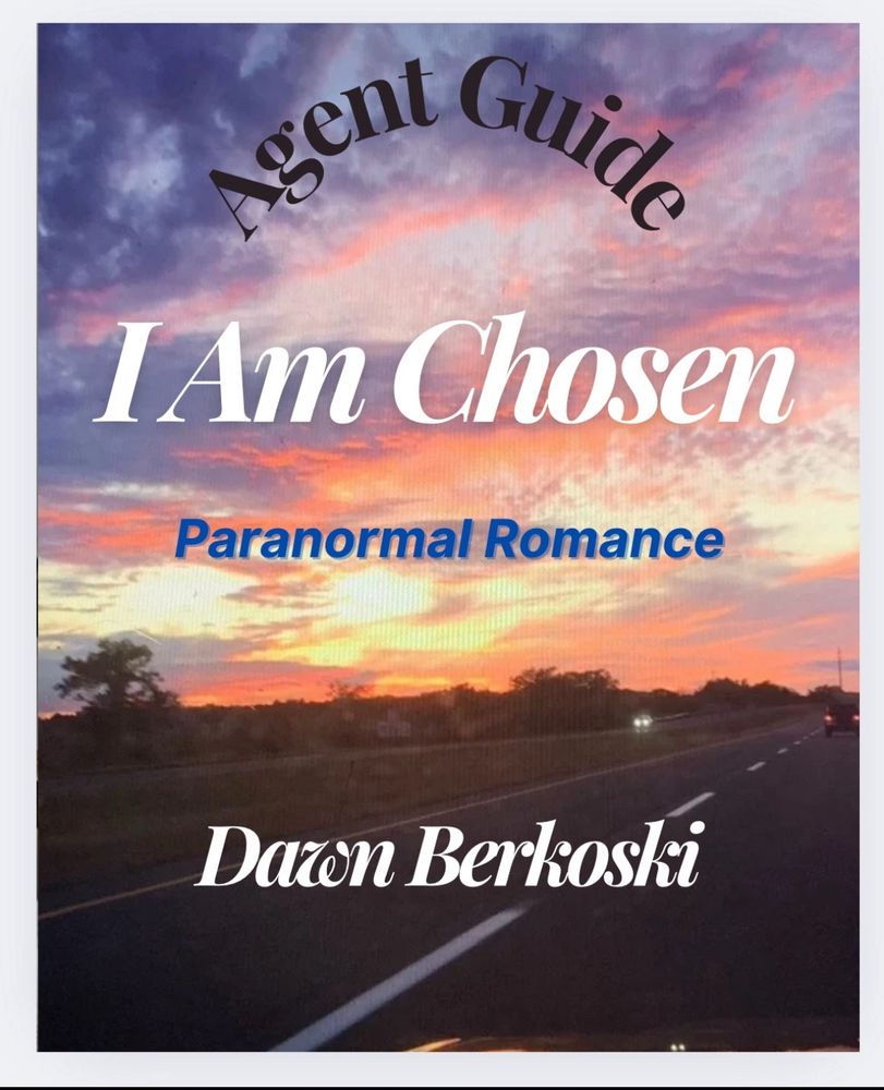 Agent guide for I Am Chosen, M/M paranormal romance. The picture is of a fiery orange and purple sunset over a highway. Photography and story by Dawn Berkoski 
