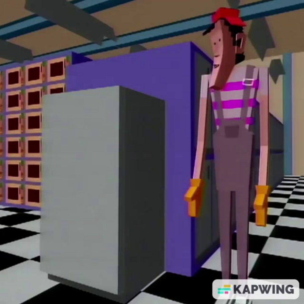 a man in overalls and a red hat is standing in a room with a kapwing logo on the bottom