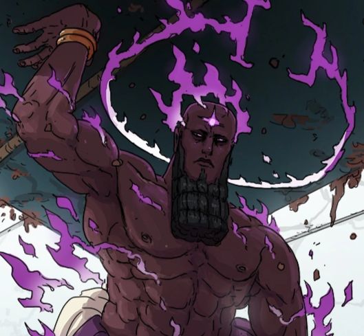 panel from Kill Six Billion Demons by @orbitaldropkick.bsky.social depicting the character Solomon David. He's a huge muscular dark-skinned man wearing gold bracelets and cream and purple robes that leave his upper body bare. his beard is braided into a square in a Babylonian style, and his face is set in a frown. purple energy dances around his form in little tongues of flame and a circlet-like halo above his head, power emanating from the brilliant gem-like light in his forehead. with one hand he is effortlessly holding a massive stone block overhead.