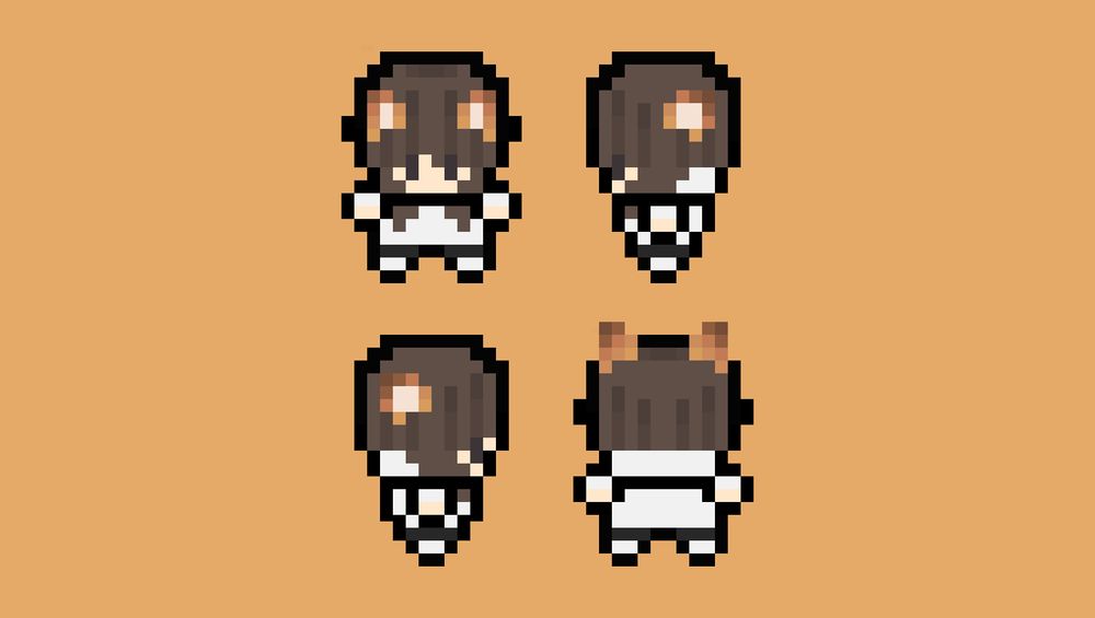 Der Minecraft Skin von Fuxel im Pixelart-Stil, in vier Ansichten: Von vorne, von rechts, von links und von hinten.
