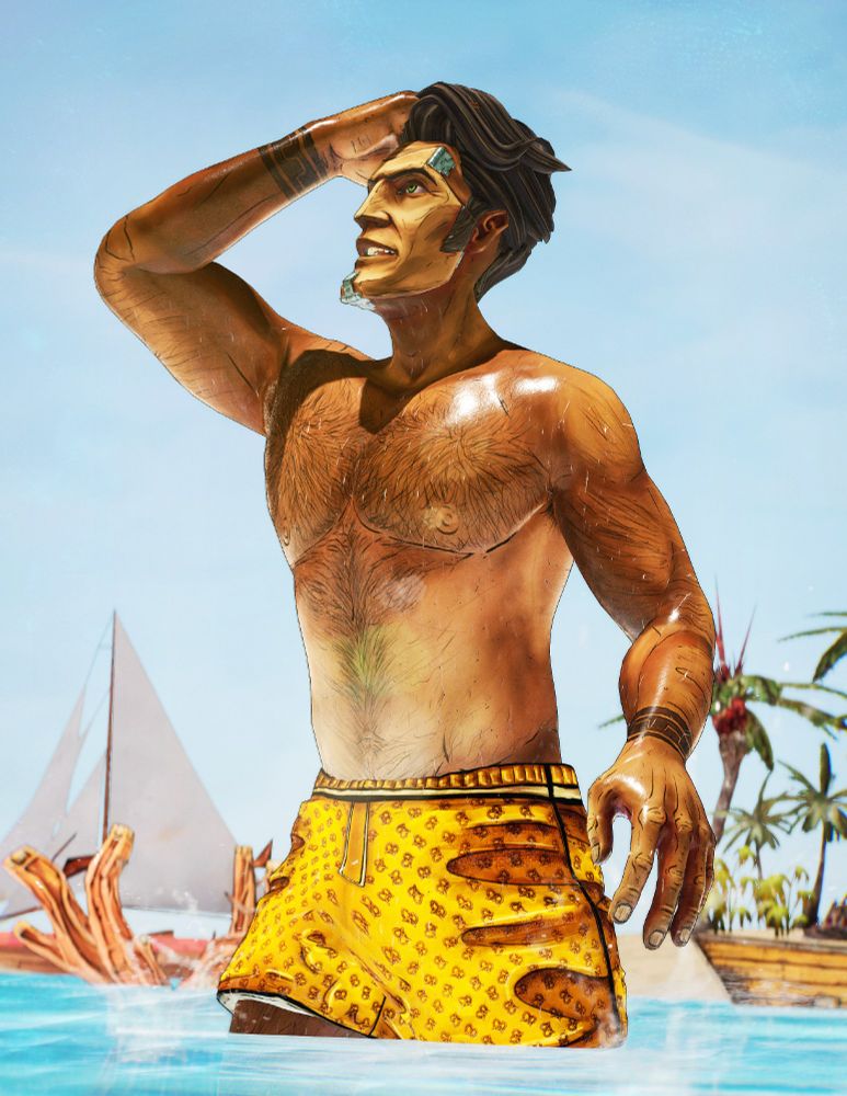 Handsome Jack wearing pretzel-patterned swimming trunks, standing in a body of water and looking overhead