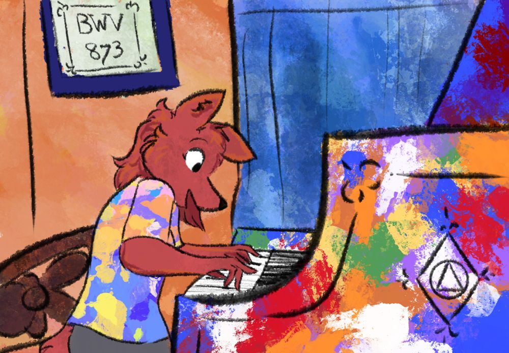 Based on one of a series of photos of Glenn Gould, Jay is playing at a piano. Visible text: BWV 873