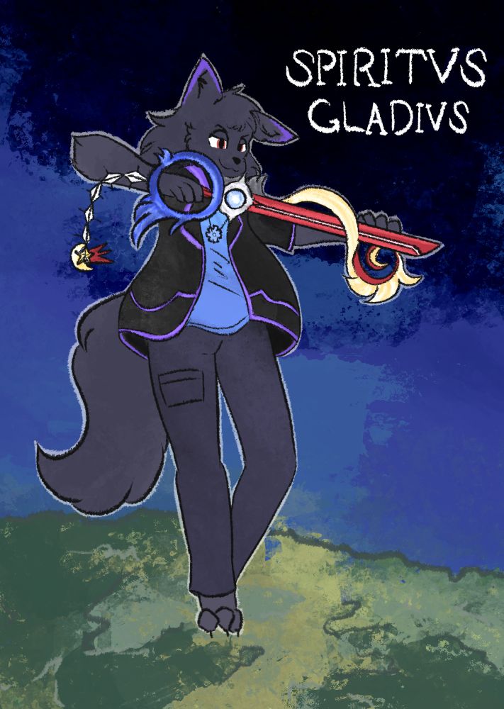 Anthro masc black cat holding a red keyblade, brandishing it with a confident look. Latin text is visible: 'Spiritus Gladius'. 