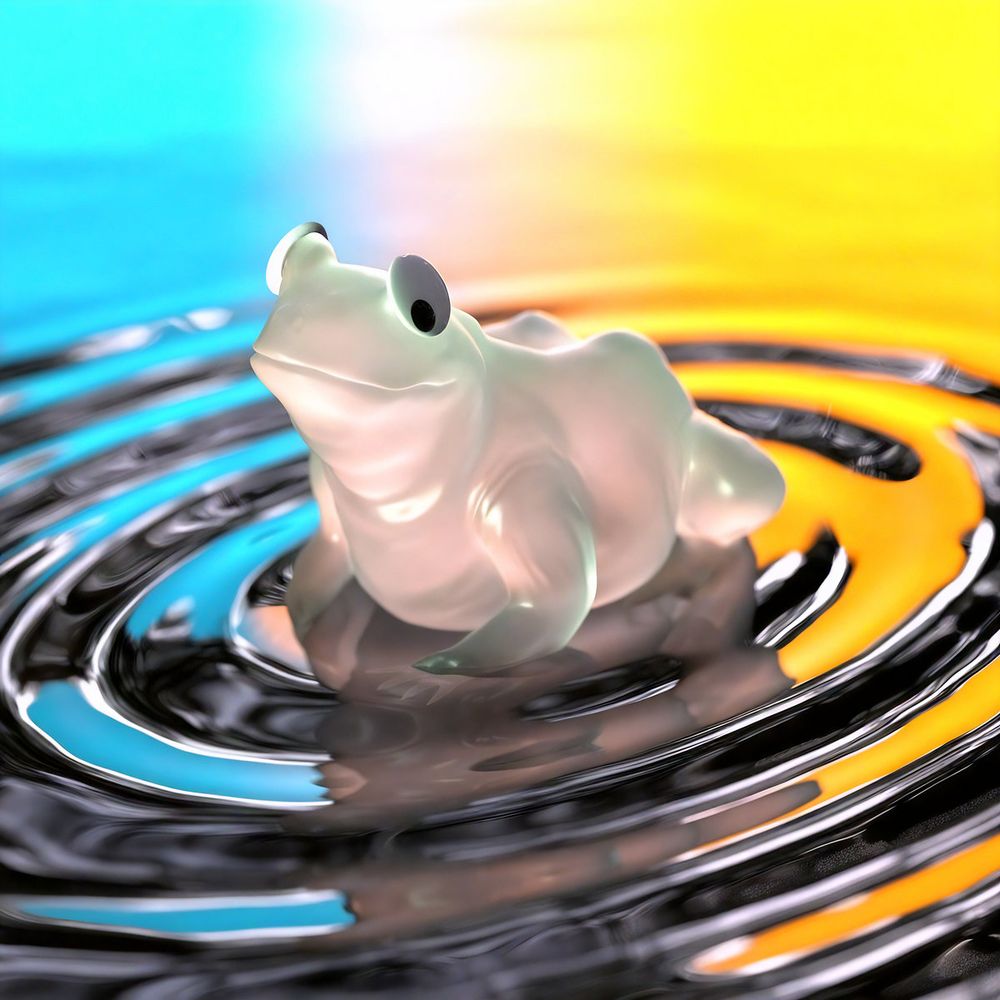 cover for luo - toad ep : a small, white, slightly transcluscent plastic toad with googly eyes floating on water, emitting circular waves.