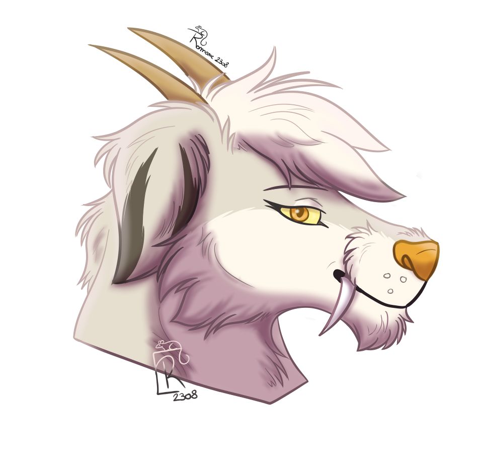 A floppy eared furred dragon of various grays, orange nose, eyes and bronze horns.   She is looking to the viewer from the side.