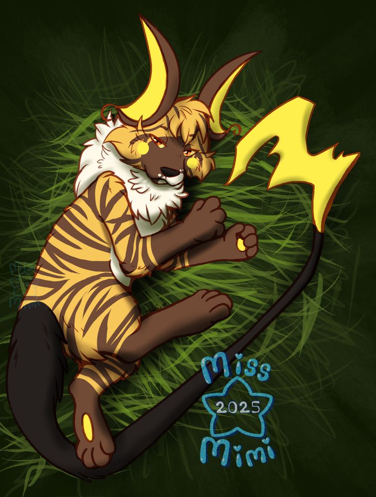 A raichu with brindle and Piebald markings that has a torn up tail.   She is curled up and sleepy.