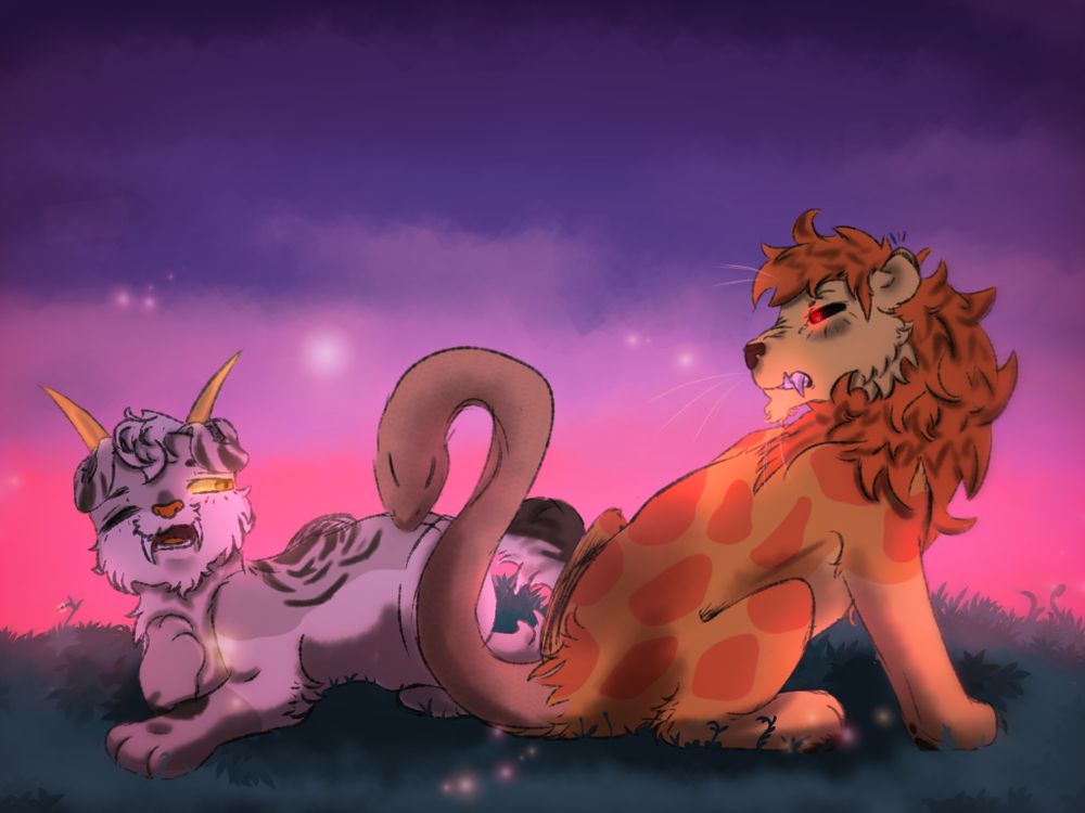 A furred dragon of various grays and deep gray stripes, lays besides a Yellow and orange spotted Chimera in a field at twilight. 