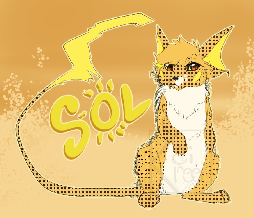 Female Raichu with a torn tail, brindle markings and Piebald markings. 