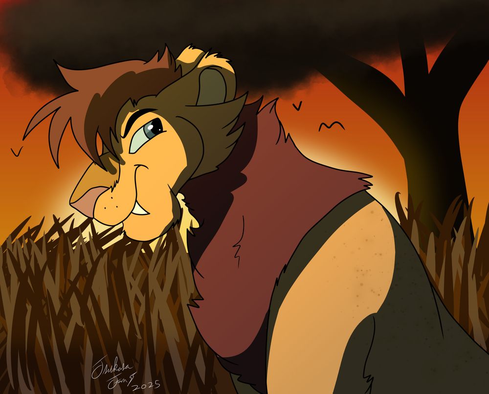An orange lion with a brick red mane on a orange grassed sunset savannah