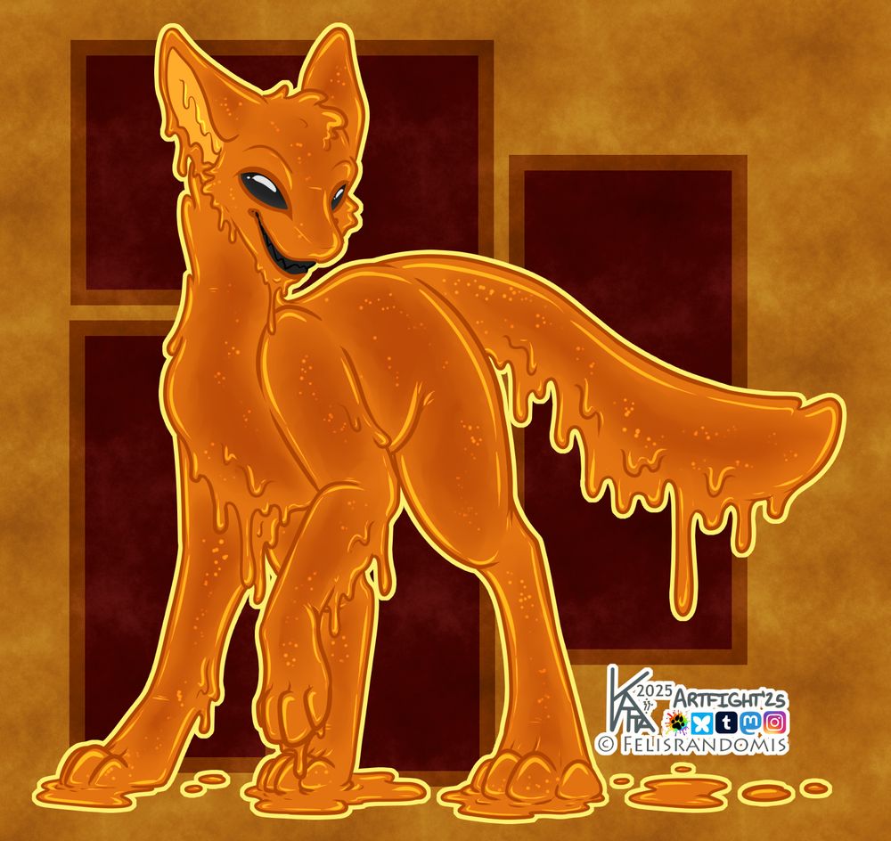 A goopy orange Jello slime cat with dark eyes and dark teeth.