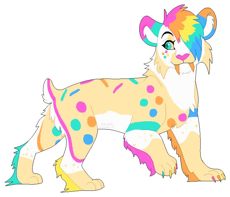 Fullbody pixel of a Cream and White Saber with rainbow fringes and Sprinkle markings.  She looks off to the left of the screen.  