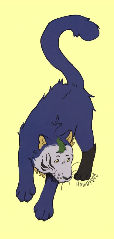A blue tiger with a white face.  Slight black striping along the cheeks and a green hair tuft.  Walking toward the screen at a slight angle.  