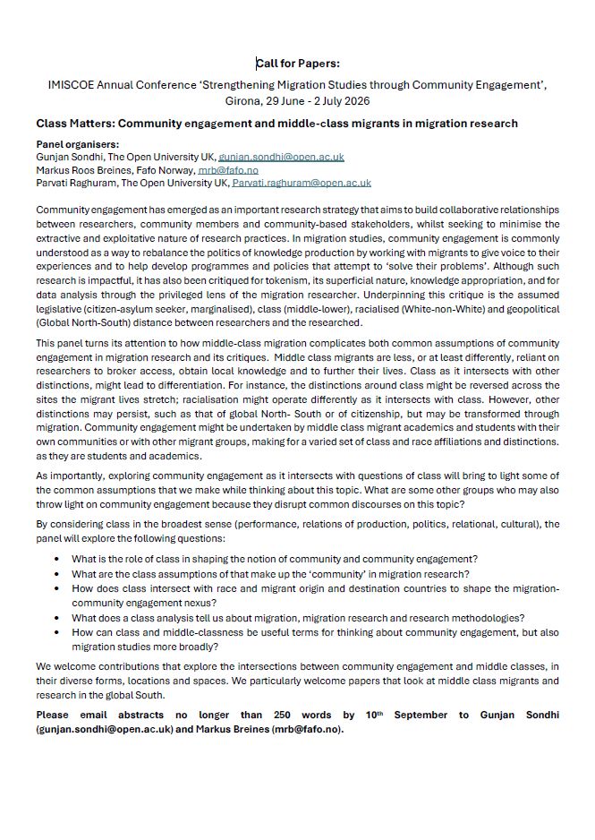 The image contains details for a Call for papers for the IMISCOE Research Network 2026 Annual Conference. The Panel is entitled Class Matters: Community engagement and middle-class migrants in migration research