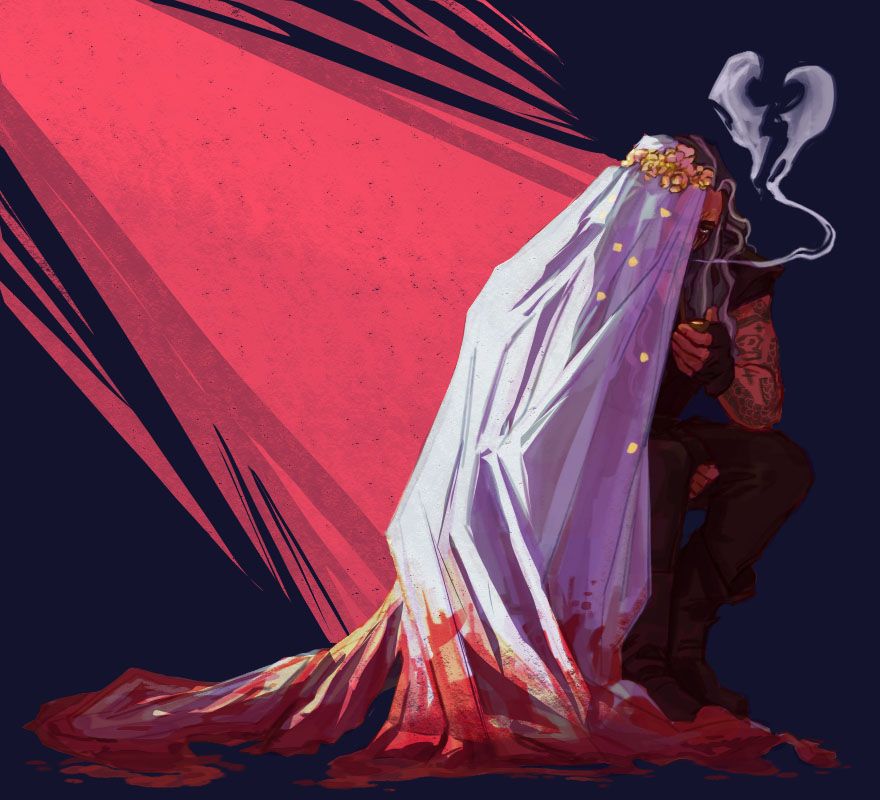 Ed sits in his Kraken gear- smoking from his pipe. He's wearing a long, tattered, bloody veil. There is a very sad plume of smoke in the shape of a broken heart on the right, and vivid beam of red light hits him on the left. Please bring him back his Blonde he's going through it