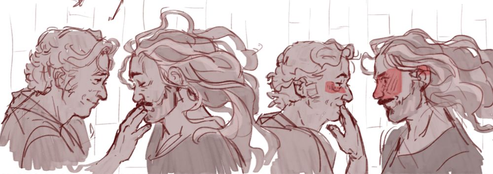 Ed and Stede laying on the floor- Stede presses his finger tips to Ed's lips  then presses them to his own. Slick blond man terrorizes boyfriend