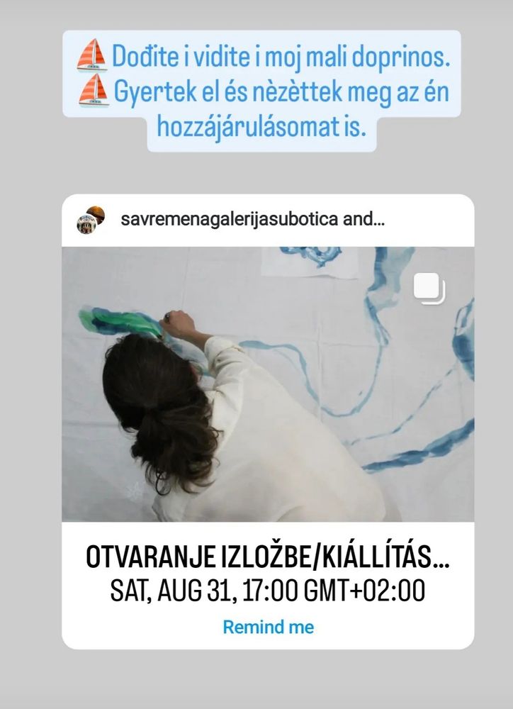 Invitation to the opening of an exhibition in Subotica, Serbia on the 31st of August, 2024 at 5 PM. A dark haired female from the back draws green lines on a canvas.