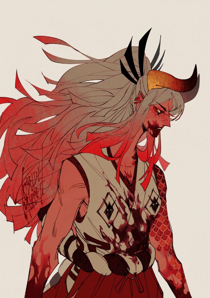 an illustration of yamato with a warm red palette

their profile is in full view, something haunting in his gaze as he looks ahead. there's blood splattered all over him: his mouth, torso, arms. his hair flows in the wind. there is a bloodbath up ahead, for monsters that stand in the way
