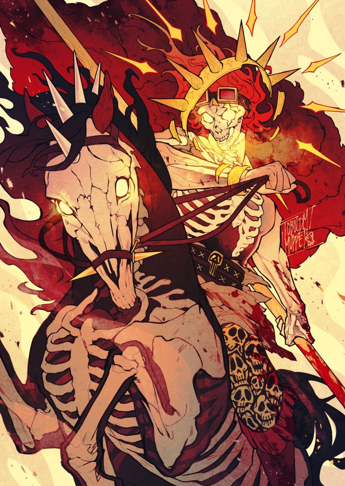 an illustration of a menacing reaper themed kidd (skeletons and a version of his punk powers crown as a halo) riding a similarly skeletoned horse