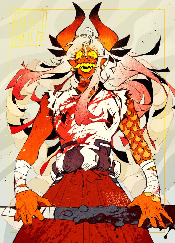 A stylized illustration of Yamato One Piece

He's facing ahead, both hands gripping his bloodied club, hair flowing wild in the wind, large eyes crazed and weeping, fangs bared in laughter. He's covered in blood, tragedy and rage fueling what fire burns him. He stands tall and sturdy, a beast protecting the weary through righteous violence