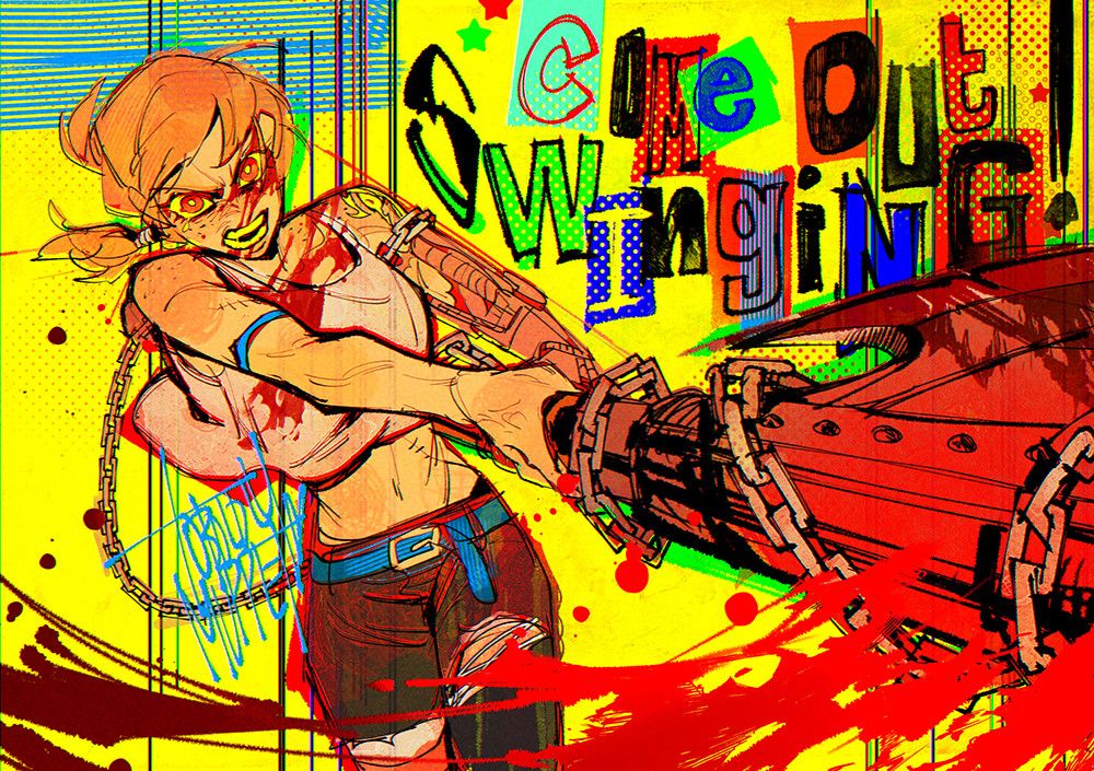 a bright-colored illustration of concept art nami with a punk collage aesthetic, multiple textures and sketchy lines overlapping over each other 

she's overcome with a righteous fury, swinging her large axe with a yell. blood splashes from her weapon, she's covered in it. in the background, in a blocky and messy text: come out swinging!