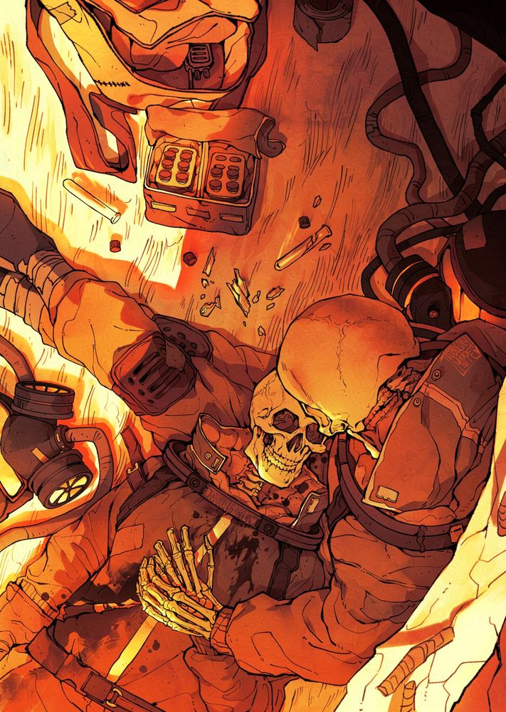 An illustration of two skeletons wearing protective gear in a post-apocalypse setting.

Both of them lie behind a broken wall, one cradling the other on their lap, hands intertwined. Their gas masks sit beside them, wires spread out. Vials of antidote, for whatever poison's in the air of this future far-away world, lay broken in front of them. The bags are ransacked, still containing other untouched vials. 

One of the skeletons have a large rip in its suit, blood having dried into a dark stain. 

It's here where it all went wrong, where a small tear destroyed one body, despite the efforts of their companion. Unknowing of what monsters lay beyond, but sure of a sunrise they'll have to walk alone, the companion decided to stay, to take off their mask and whatever protection they have, and see their last sunrise together in a desolate world.

The remaining vials lay untouched for anyone to find in the future. For now, the glow of a new day basks the two as they sleep together.