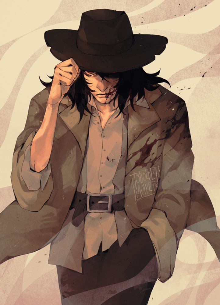 an illustration of jim tugging a hat down their head to hide their eyes as they stalk towards the camera