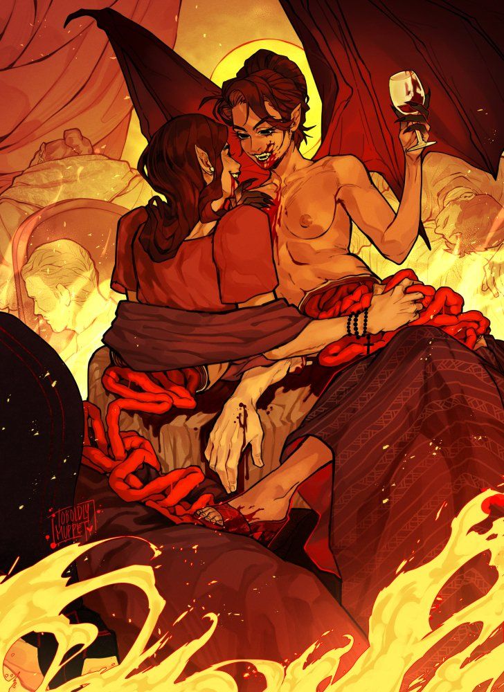 an illustration of two filipino women (manananggals in filipino folklore) during the spanish colonial era, they're both wearing baro't saya and are all over each other in the middle of a restaurant

one of the women is naked from the waist up, with her bat wings stretched out behind her and the lower half of her torso, with intestines trailing inbetween, is casually seated, her foot resting on the other woman's crotch area. she's holding up a glass of wine and/or blood, her darkened claws wiping the blood from her partner's lips. 

her partner is still in full garb, with one of her hands gripping on to her girlfriend's guts for dear life (or sheer horniness). there's a severed arm between them. 

all around them are dead restaurant goers and staff as the building burns around them both. it's all very romantic really