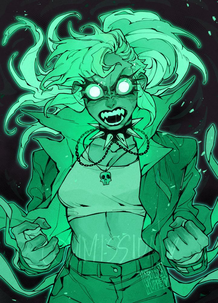 an illustration of a ghostly woman screaming in rage, her eyes large and glowing, her fangs bared