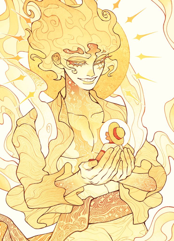 an illustration of a large and golden nika luffy, with intricate patterns on his skin and clothes, of stars of waves of everything to explore beyond, a golden halo around his head. nika luffy smiles warmly, impish grin tempered but still full of jest, in his cupped hands, sits a younger luffy on the beginning of his journey as he regales this god with all the dreams and ambition his little body holds. he's got a smaller halo around him, this little boy who will be liberation incarnate.