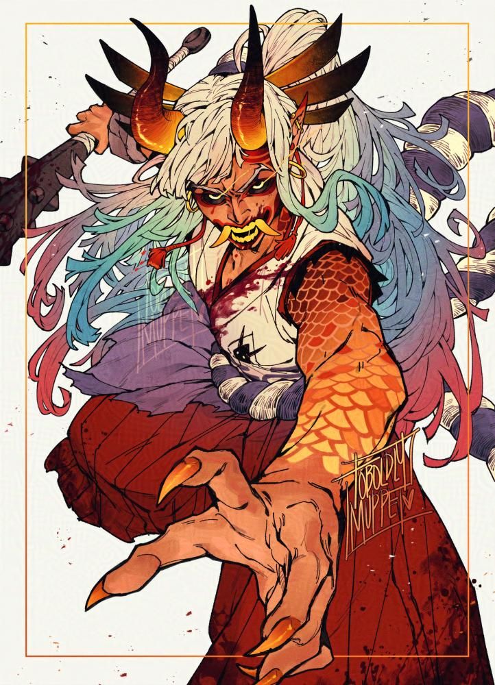 a colorful illustration of yamato in a battle-ready pose, claws reaching out, oversized club held in a manacled hand, his gaze is defiant, victorious. in the face of overwhelming odds and monsters, yamato will survive and keep fighting for a better tomorrow