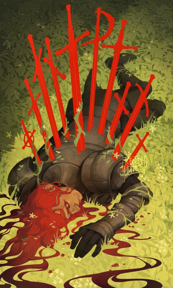 An illustration of a fallen knight, swords and knives pierce through the armor, her bright red hair flowing out, indistinguishable from the blood pooling beneath her. She's laid upon a beautiful green meadow, a single tear running down her face. A brave and noble knight who won't be coming home to her princess, the sunlight the last lingering touch of a warm embrace. 