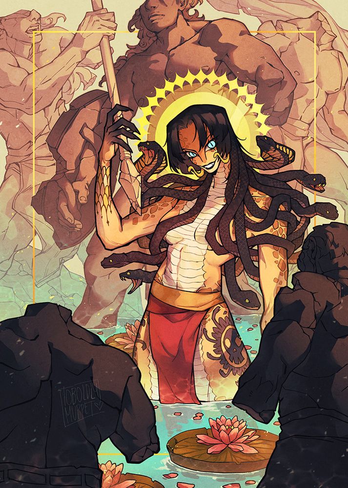 An illustration of Boa Hancock (either as Medusa or in a Zoan form)

She's standing in the middle of a pond of water lilies, the snakes of her hair covering her bare top half, her bottom half is covered in a simple sash, her jolly roger tattooed on her thighs. She's gripping a stone spear aimed at her, eyes locked unto the POV onlooker.

In front and behind her, are various stone statues of men in different eras of clothing, each of them broken off and worn down, having been defeated in the moments where they thought they could corner her in her own home, where she had chosen to hide away after escaping the horrors of mankind.