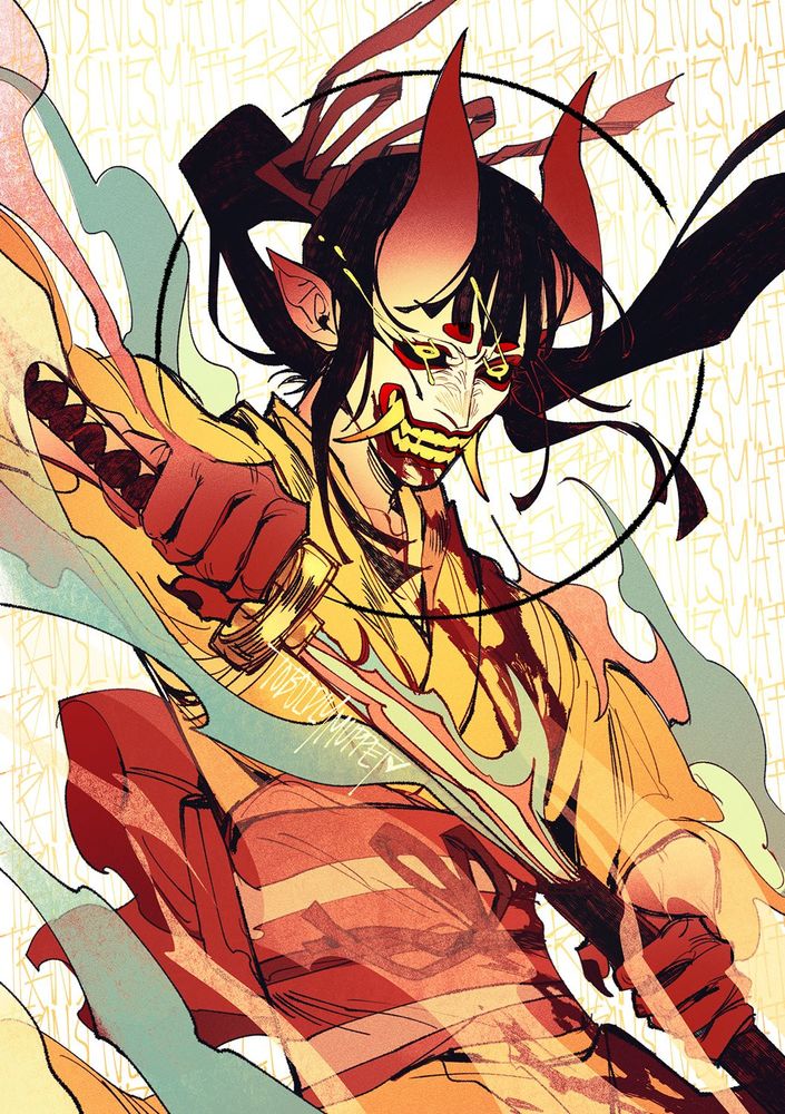 okiku in all her raging glory, her oni mask has become her as she unsheathes her sword. there is blood all over her and she's weeping. the flames of her sword and the smoke that curls around her are of the trans flag colors. behind her, in the bg, translivesmatter is repeated. 