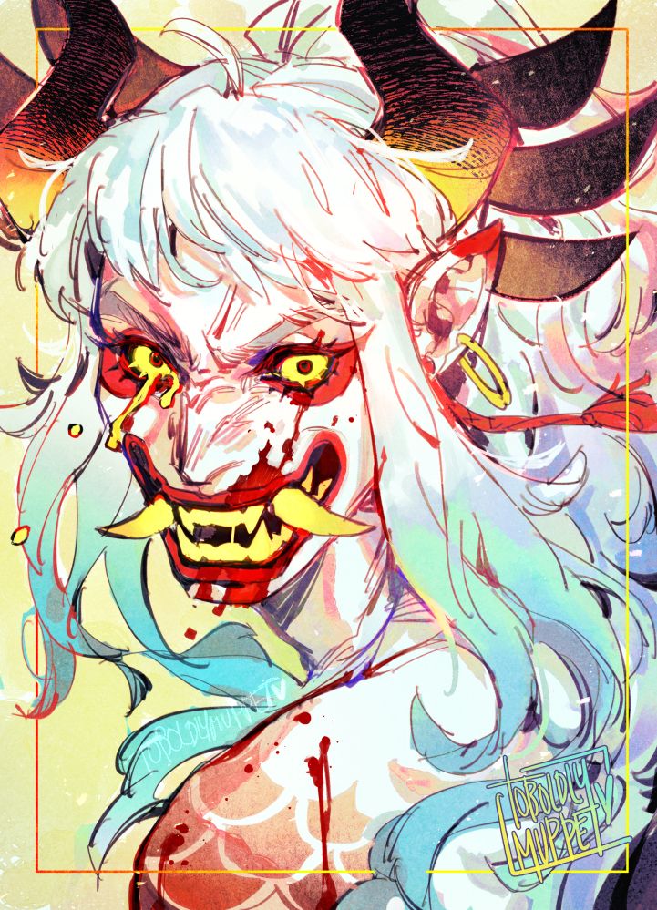a colorful illustration of yamato baring his teeth and looking over his shoulder, rage and victory naked on his bloodied face