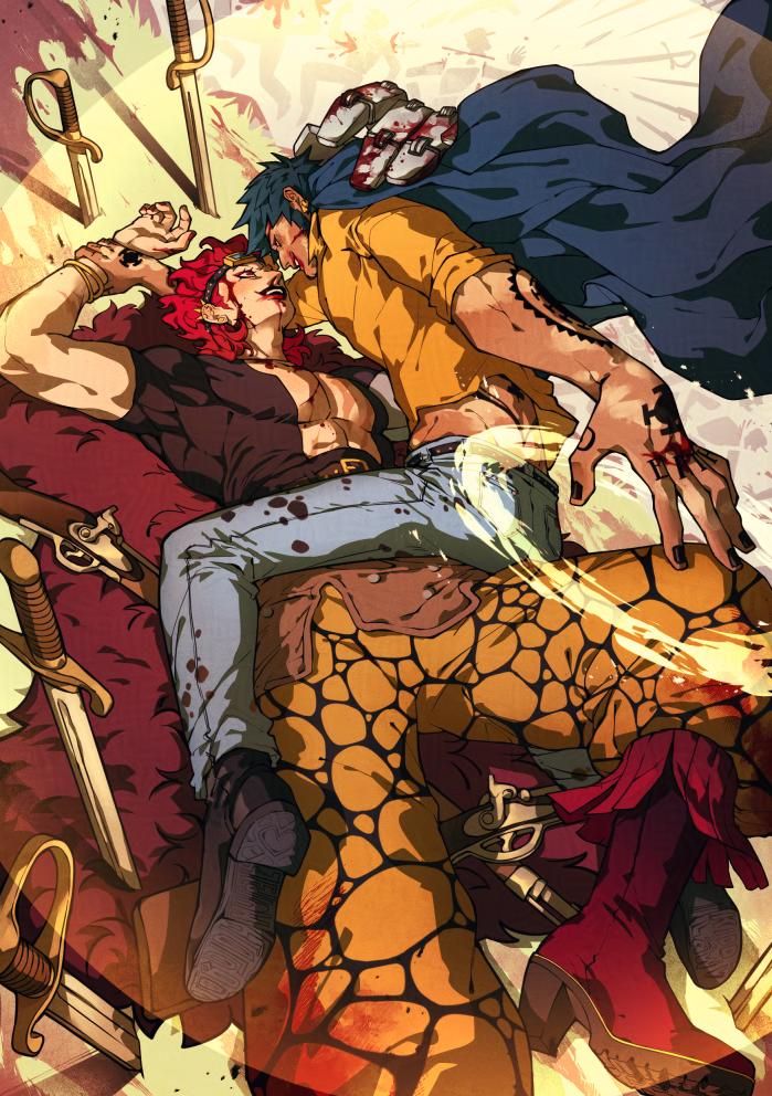 An illustration of Kid and Law from One Piece being violent and violently gay. Law's got Kid pinned down, both of them activating their powers and making a mess of things in the unlucky marine base that was in their way (they actively sought out some bases to annoy for their date and as a bonding activity for their crews)