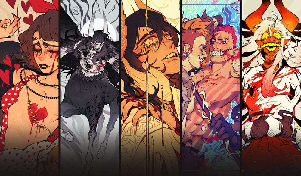 A compilation of 5 sample artworks of varyign styles and composition