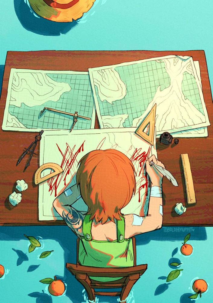 An illustration of young Nami during her time with the Arlong pirates.

The view is looking down on her as she works on her maps. She's covered in bruises and bandages, on the map she's working on, there are angry slashes of red ink, of blood she's shed. She's sitting in the ocean, a world so free ahead of her. Though she's unable to leave her open prison. 

Tangerines float around her and just ahead, from the great blue yonder, another thing floats to her: a strawhat, damaged and cut up but no less than what it is.