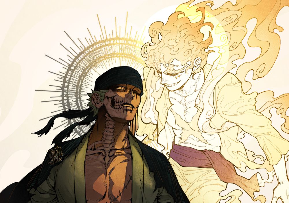 An illustration of Zoro and Luffy

Zoro is Death, the parts of him cast in shadow showing off a skeletal visage, he's turned to the left, a warm glow over him as he watched Nika Luffy in awe and no small amount of devotion. The large thorn halo he has seems to turn black into gold.

Nika Luffy glows bright and golden, a mischievous grin on his face, his hair and clothes flowing in the breeze, a God who's found his favorite and most devoted follower