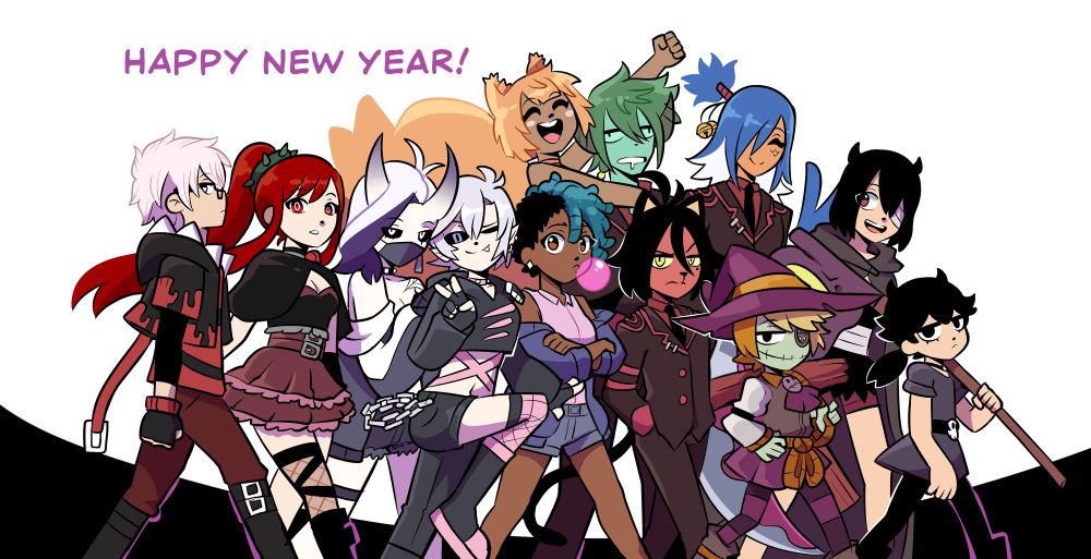 A drawing of the cast of my comic 'Omelette of Demons'.