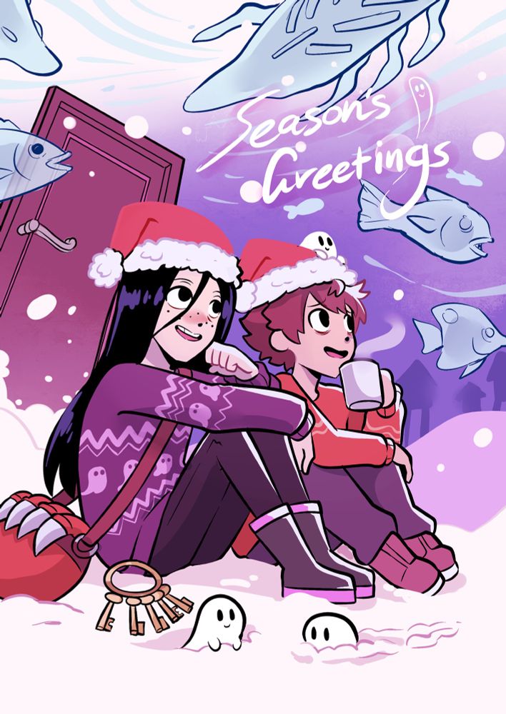 Drawing I did of my characters Ingrid and Damian (From my One-shot 'Ghostly Nerves') relaxing on a snowy plane within the Notherworld, as fish swim above their heads. 