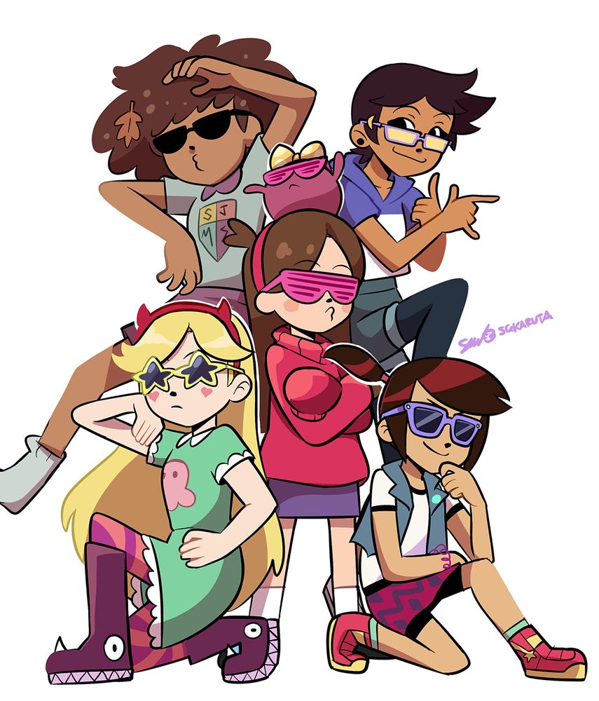 Group drawing of Anne and Polly from Amphibia, Luz from the Owl house, Mabel from Gravity Falls, Star from Star Vs the Forces of Evil, and Molly from The ghost and Molly Mcgee.