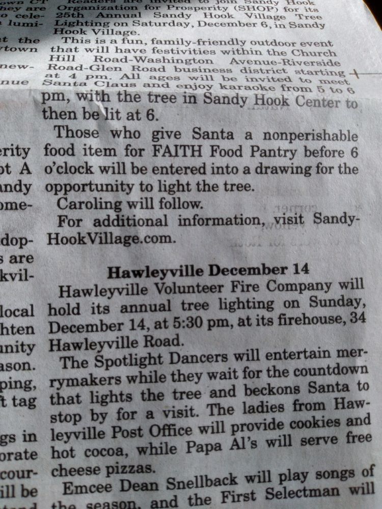 A newspaper article concerning a local Christmas tree lighting ceremony including the standalone sentence/ paragraph "Caroling will follow."