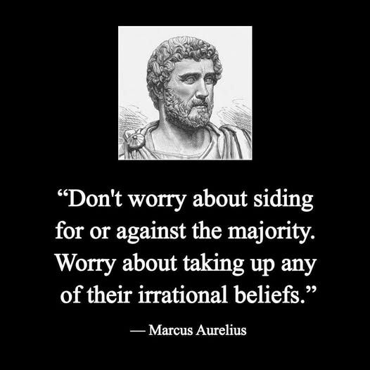 "Don't worry about siding for or against the majority. Worry about taking up any of their irrational beliefs."
Marcus Aurelius