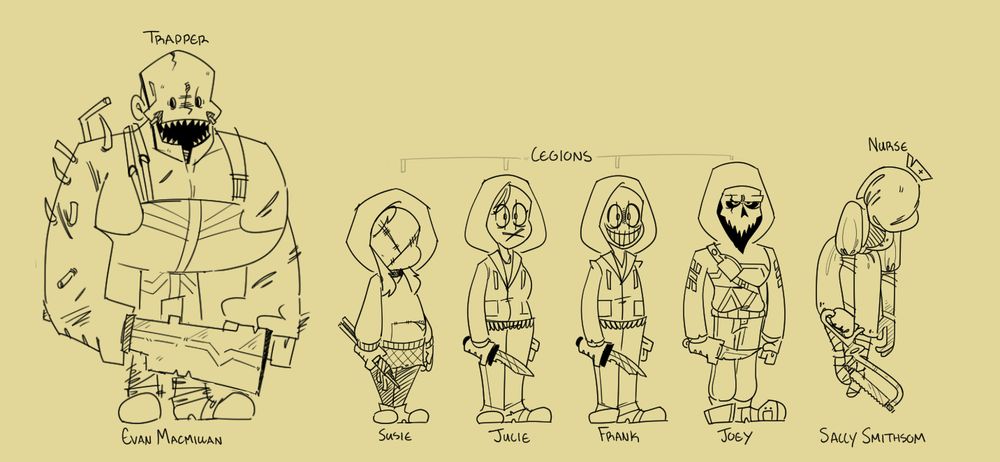 Character sketch of the Original Killers of Dead by Daylight Trapper, Legions, and Nurse in a Cartoonish Style.