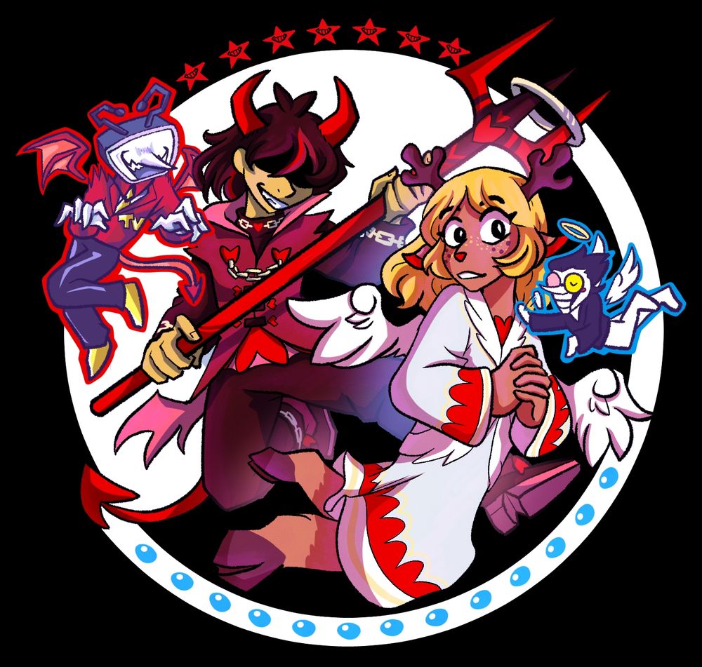 Fanart of Noelle Holiday and Kris Dreemurr from Deltarune. They are dressed as an angel and demon, respectively. Noelle is to the right, clasping her hands together, looking over he shoulder. Spamton is by her left shoulder, dressed like an angel, patting her. Kris is to the left, holding a red trident, which moves Noelle's halo a little. They are grinning. Tenna is by their right shoulder, dressed like a demon. All characters are enclosed by a black and white circle, bordered with smiling red stars and blue eggs (pipis).