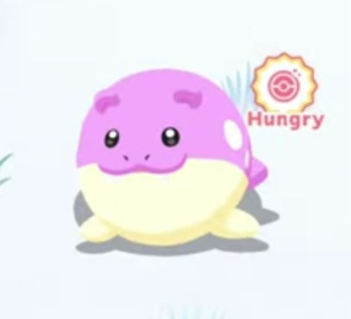 A shiny spheal in pokemon sleep with an icon that says "hungry" next to it