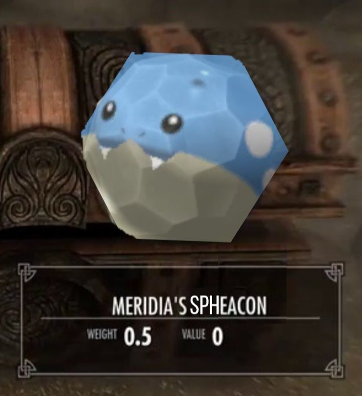 An edited screenshot from the elder scrolls v: skyrim of the item meridia's beacon but it is pokemon rumble spheal and the game text says meridia's spheacon