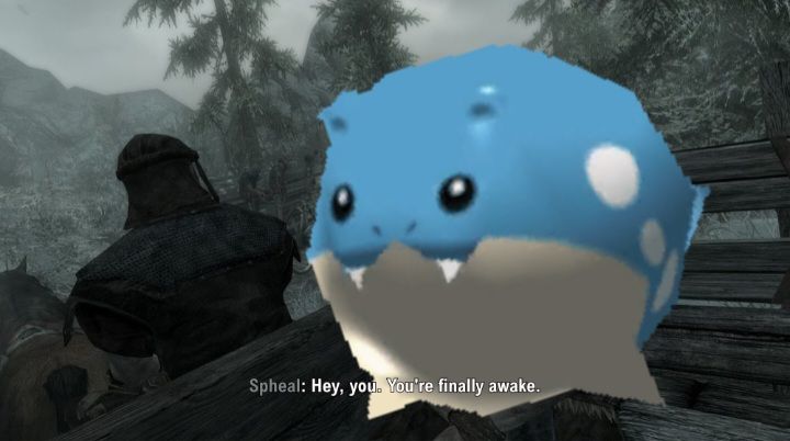 Skyrim opening but pokemon rumble spheal is there. Text says "Spheal: Hey, you. You're finally awake." 
Meme