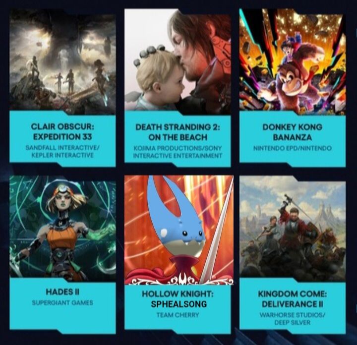 The list of nominees for game of the year 2025 for the game awards including clair obscur: expedition 33, death stranding 2: on the beach, donkey kong bananza, hades II, hollow knight: silksong (edited to be sphealsong the same as the quoted post) and kingdom come: deliverance II