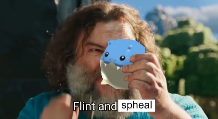 Jack Black in the minecraft movie holding pokemon rumble spheal. Caption changed from "flint and steel" to "flint and spheal"